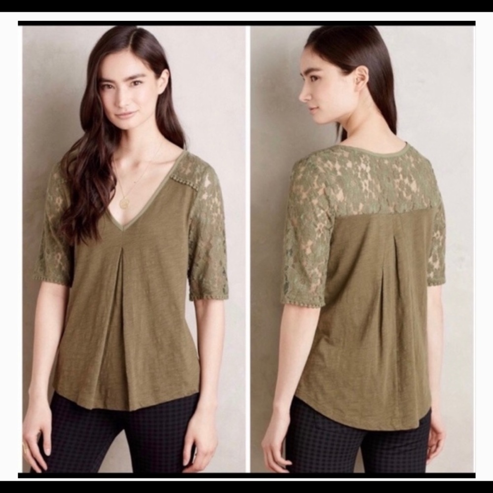 Anthropologie Meadrow Rue Lace Forest Green Shirt